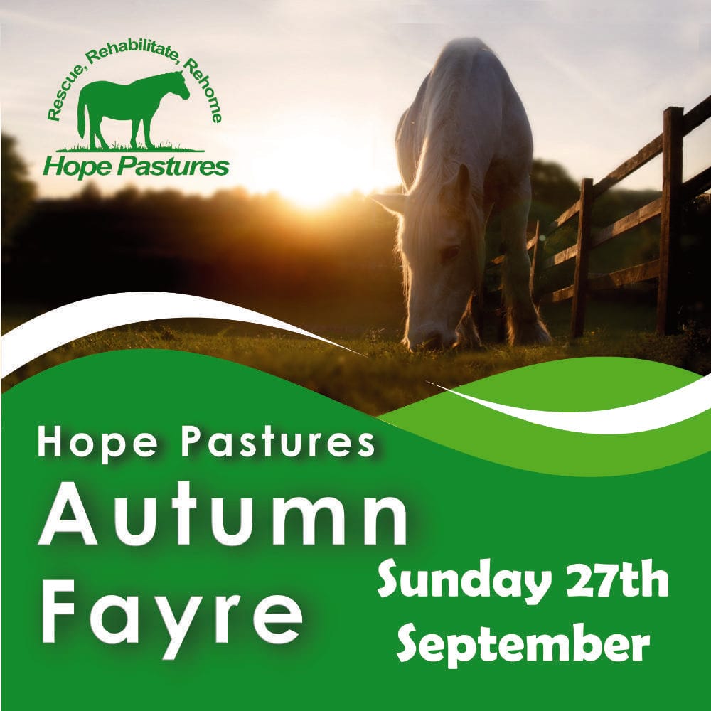Hope Pastures Autumn Fayre event poster showing a rescued horse at sunset with event details for September 27th.